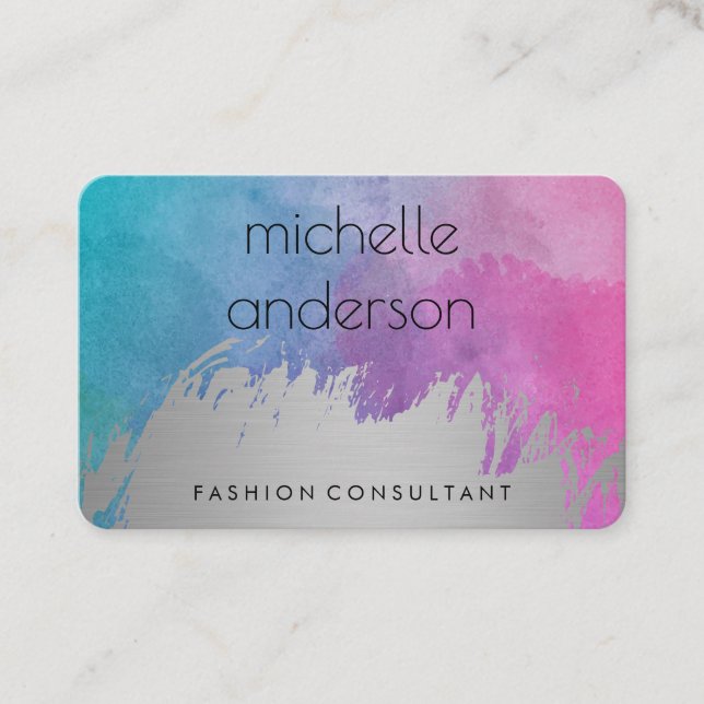 Watercolor / Silver Brushed Business Card (Front)