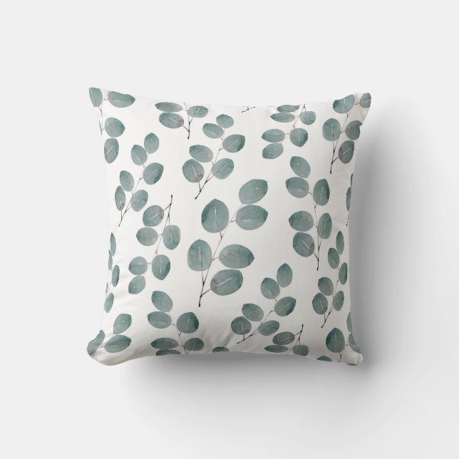 Watercolor Silver Dollar Eucalyptus Leaves Pattern Cushion (Front)