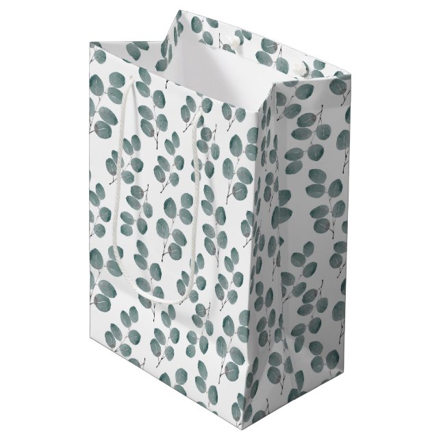 Watercolor Silver Dollar Eucalyptus Leaves Pattern Medium Gift Bag (Front Angled)