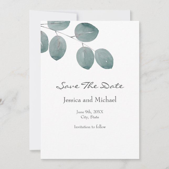 Watercolor Silver Dollar Eucalyptus Leaves Save The Date (Front)