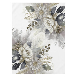 Watercolor Silver Golden White Roses Flowers Tablecloth