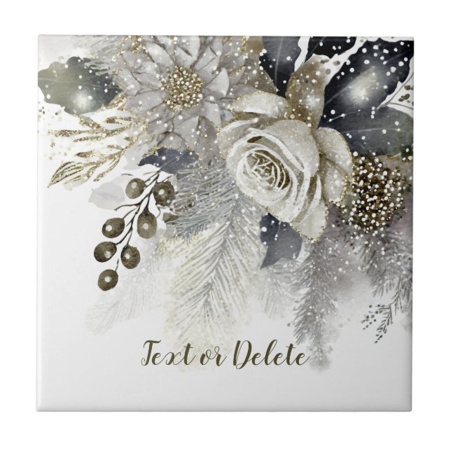 Watercolor Silver Golden White Roses Flowers Tile (Front)