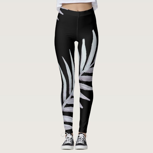 watercolor Silver Leaves Leggings (Front)