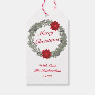 Watercolor Silver Red Christmas Wreath Poinsettia Gift Tags
