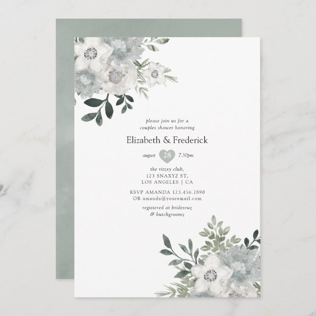 Watercolor Silver Sage Couples Shower Invitation (Front/Back)