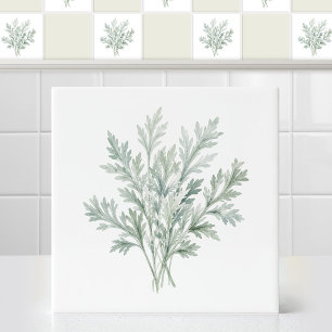 Watercolor Silvery Green Wormwood Leaves Bouquet Tile