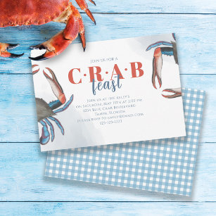 Watercolor Simple Blue Crab Feast Gingham Party  Invitation