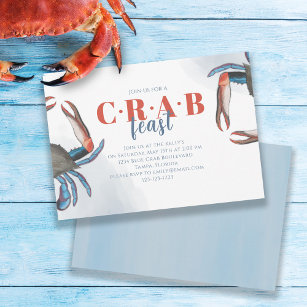 Watercolor Simple Blue Crab Feast Ocean Party Invitation