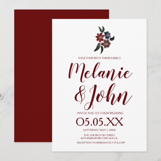 Watercolor Simple Burgundy Floral Romantic Wedding Invitation (Front/Back)