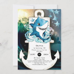 Watercolor Simple Children's Shark Birthday Invitation