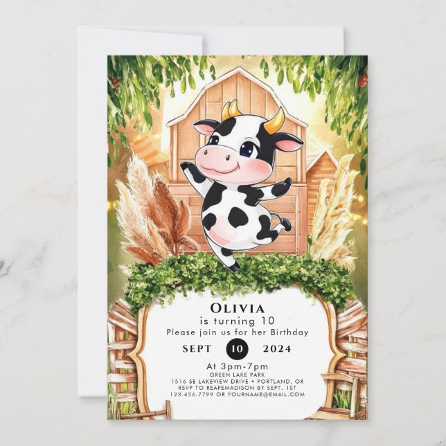 Watercolor Simple Cow Birthday Invitation (Front)
