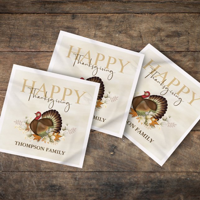 Watercolor Simple Happy Thanksgiving Simple Turkey Napkin (Happy Thanksgiving Fall Autumn Paper Napkins. )