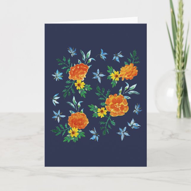 Watercolor Simple Marigold Flowers Midnight Blue Thank You Card (Front)