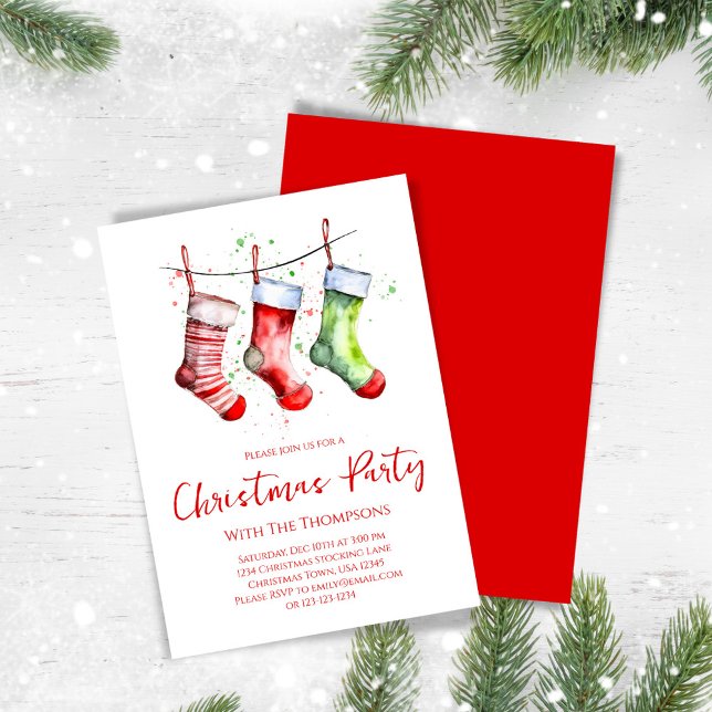 Watercolor Simple Stockings Christmas Party Invitation (Christmas party invitation with whimsical festive stockings. )