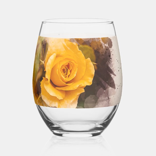 Watercolor Single Yellow Rose Stemless Wine Glass (Left)