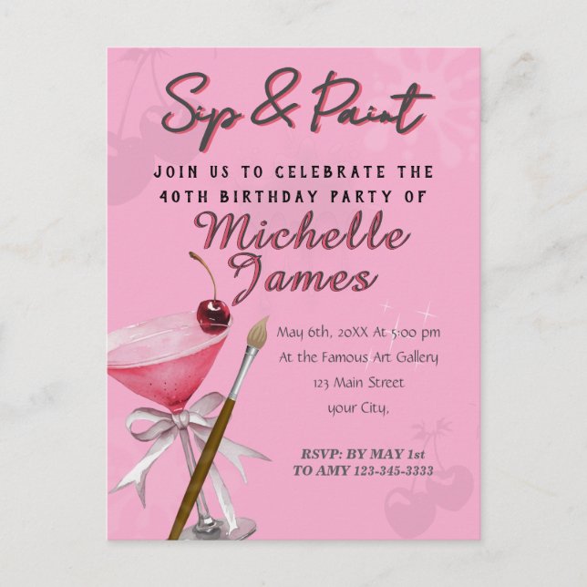 Watercolor Sip & Paint Art Birthday  Postcard (Front)