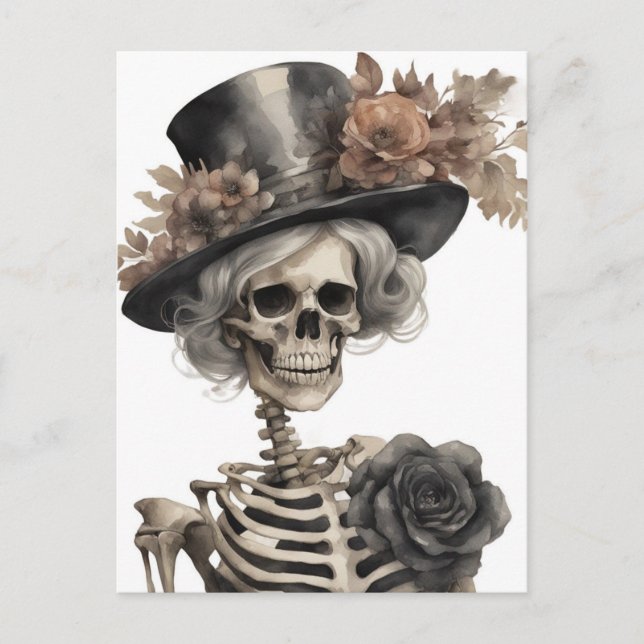 Watercolor Skeleton In a Fancy Hat With Flowers  Postcard (Front)