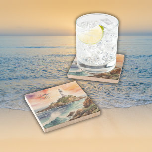 Watercolor Sketch Byron Bay Lighthouse Monogram   Stone Coaster