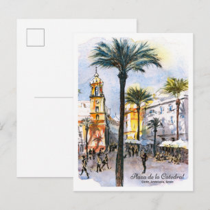 Watercolor sketch cathedral square Cadiz Spain Postcard