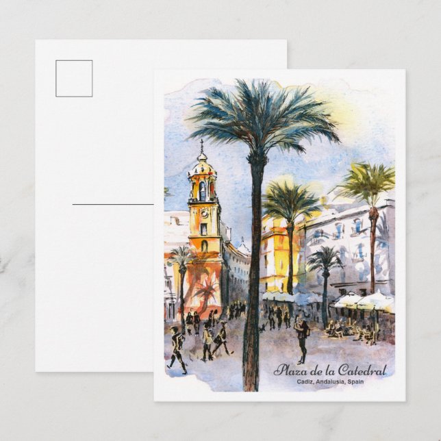 Watercolor sketch cathedral square Cadiz Spain Postcard (Front/Back)