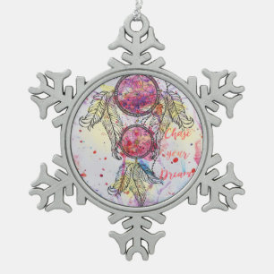 Watercolor sketch Dreamcatcher “Chase your Dream Snowflake Pewter Christmas Ornament
