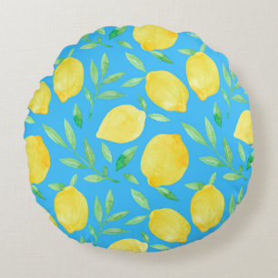 Watercolor Sketch Lemons Seamless Design Round Cushion