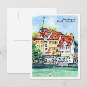 Watercolor sketch of river Limmat Zurich Postcard