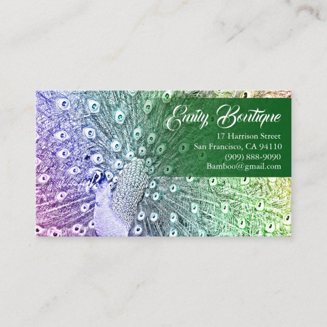Watercolor sketch Peacock with Fancy Tail Feathers Business Card (Front)