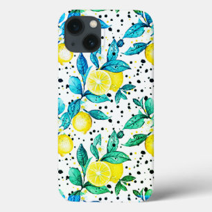 watercolor sketched detailed of blue leaves, lemon iPhone 13 case