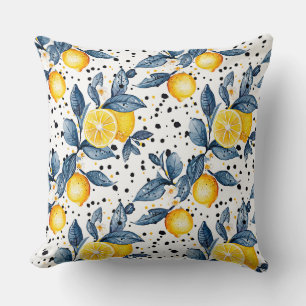 watercolor sketched detailed of blue leaves, lemon cushion