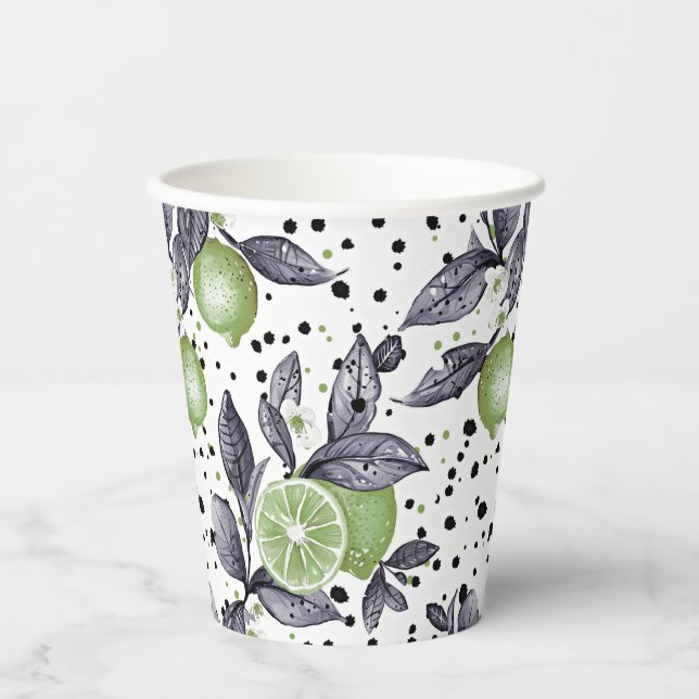 watercolor sketched detailed of green leaves, lime paper cups (Front)