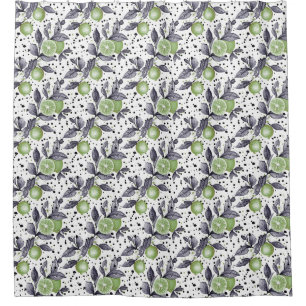 watercolor sketched detailed of green leaves, lime shower curtain