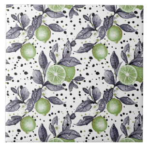 watercolor sketched detailed of green leaves, lime tile