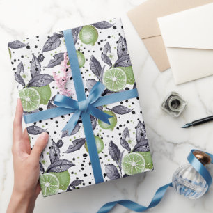 watercolor sketched detailed of green leaves, lime wrapping paper