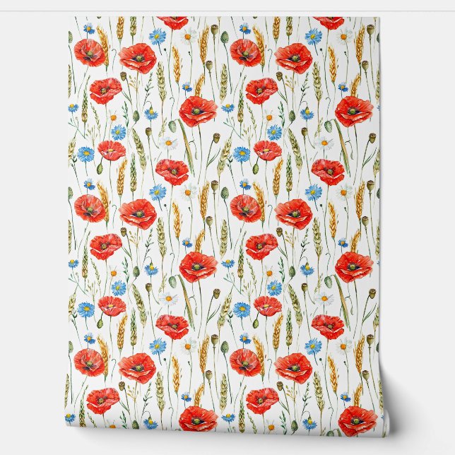 Watercolor sketched pattern of Red poppy flowers,  Wallpaper (Unrolling)