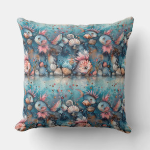 Watercolor sketched surreal monster fish, fairy cr cushion
