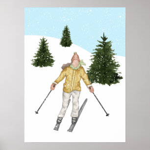 Watercolor Skier And Slopes With Fir Trees Winter Poster