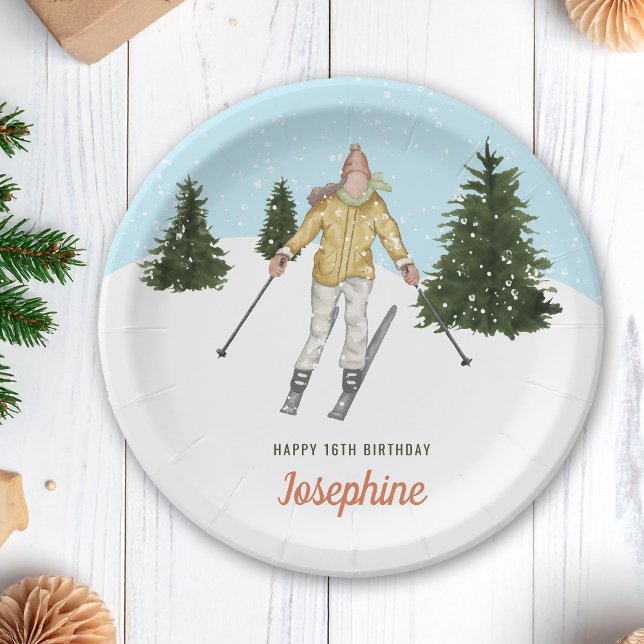 Watercolor Skier Girl And Trees Winter Birthday Paper Plate (Creator Uploaded)
