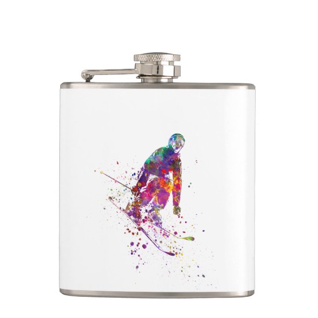 watercolor skier hip flask (Front)