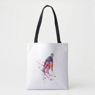 watercolor skier tote bag