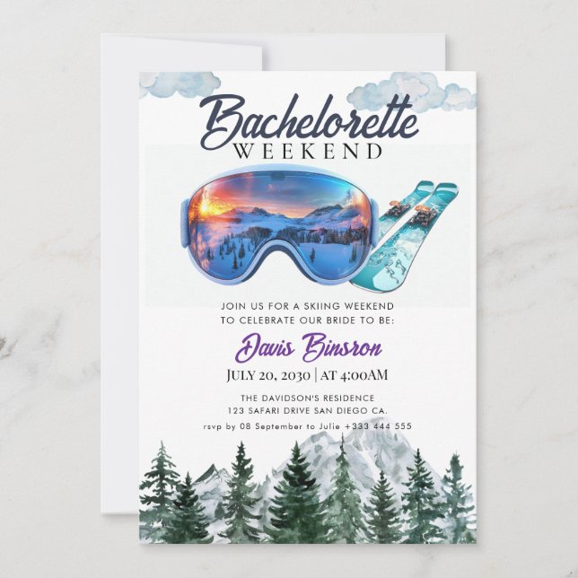 watercolor skiing bachelorette weekend invitation (Front)