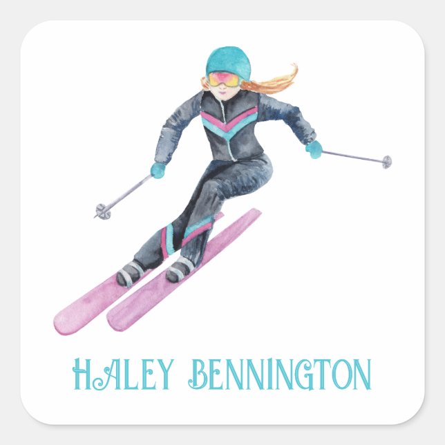 Watercolor Skiing Personalised Square Sticker (Front)