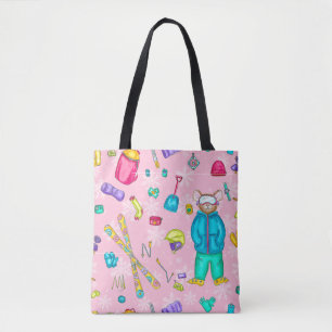 Watercolor Skiing Pika on Pink Snow with Gear Tote Bag