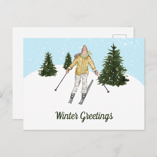 Watercolor Skiing Woman And Trees Winter Greetings Postcard (Front/Back)