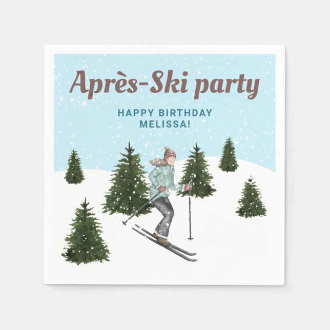 Watercolor Skiing Woman Après-Ski Birthday Party Napkin (Front)