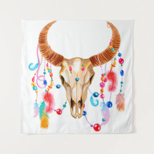 Watercolor skull iaolated on white tapestry