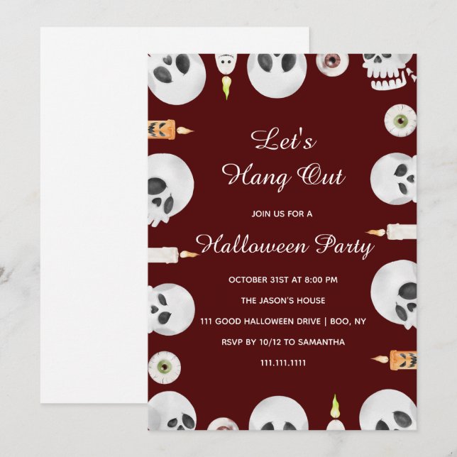 Watercolor Skull Let's Hang Out Halloween Party Invitation (Front/Back)