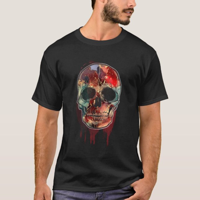 Watercolor Skull Red Aqua Artistic T-Shirt (Front)