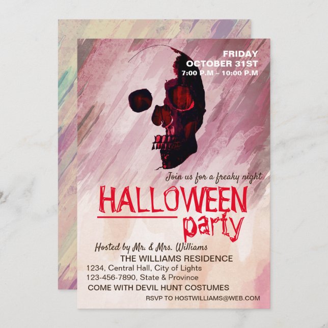 Watercolor Skull Red Painted Halloween Art Invitation (Front/Back)