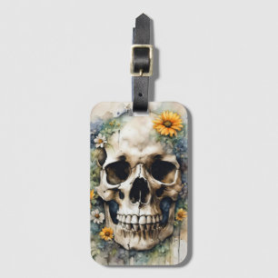 Watercolor Skull with Wildflowers Luggage Tag